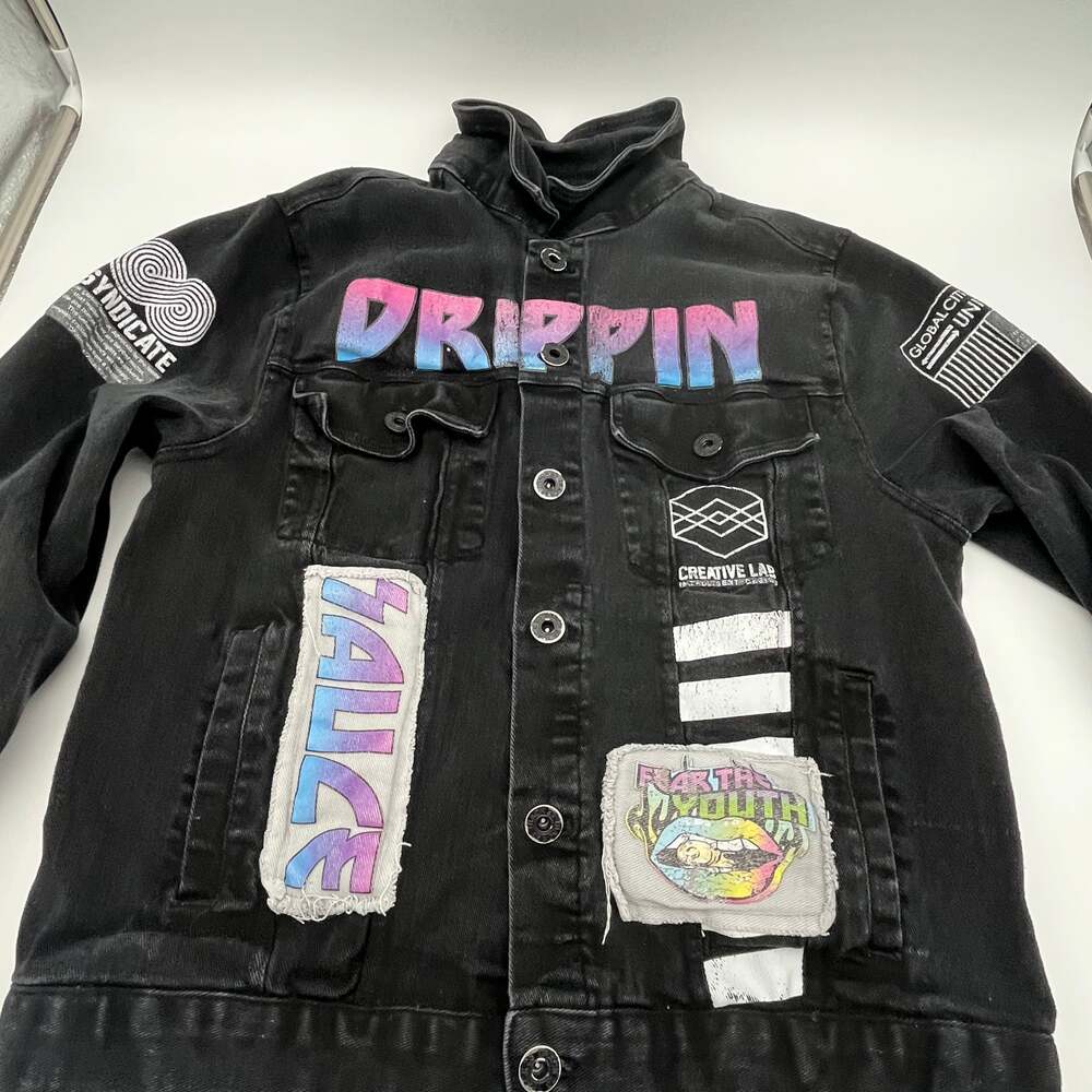 Women’s Graffiti Style Black Denim Jacket patched streetwear baddie moto Small